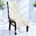 Off White Leaf Pattern Chair Cover with Tassels