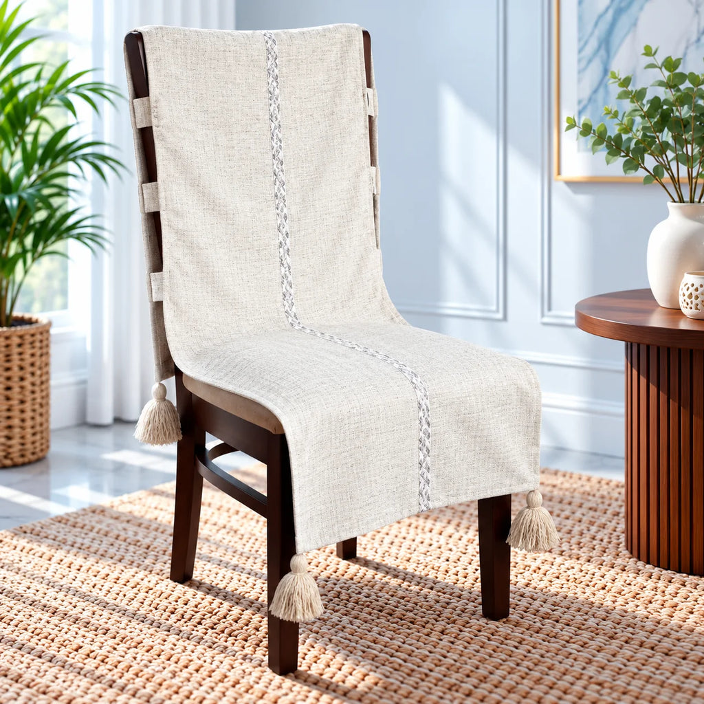 Grey Beige Striped Chair Cover with Center Lace Trim and Tassels