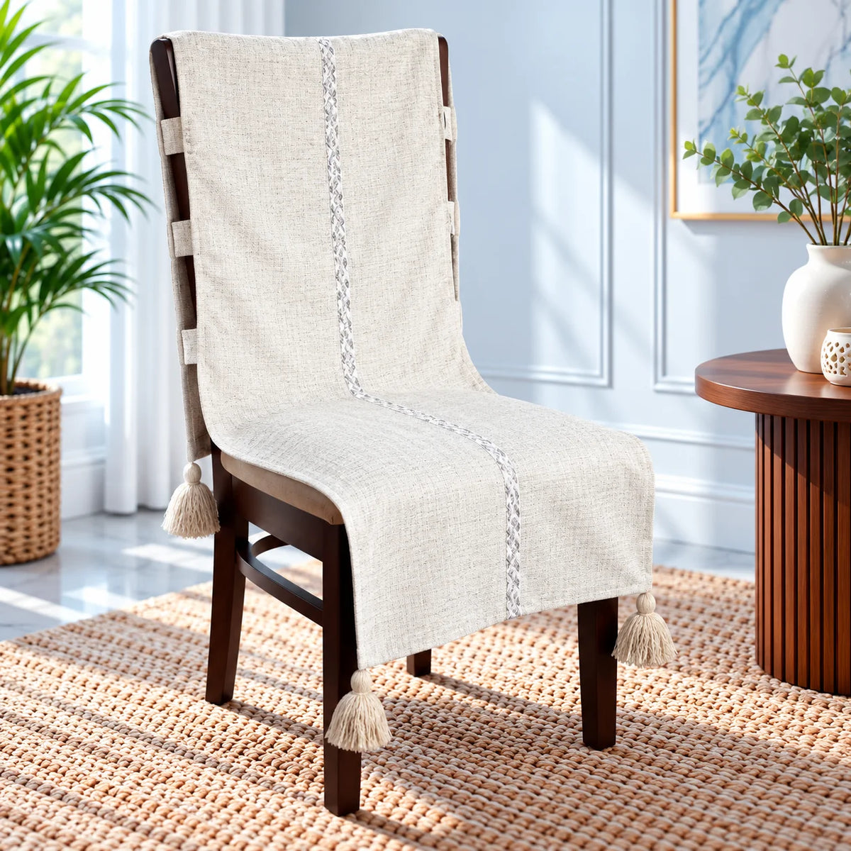 Grey Beige Striped Chair Cover with Center Lace Trim and Tassels