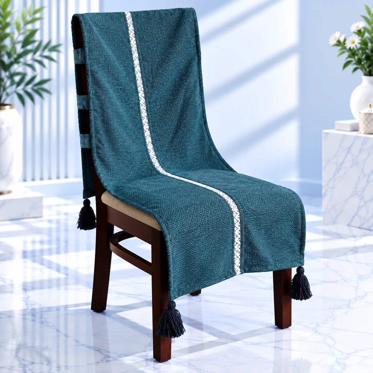 Slate Blue Grey Linen Feel Chair Cover with Tassels