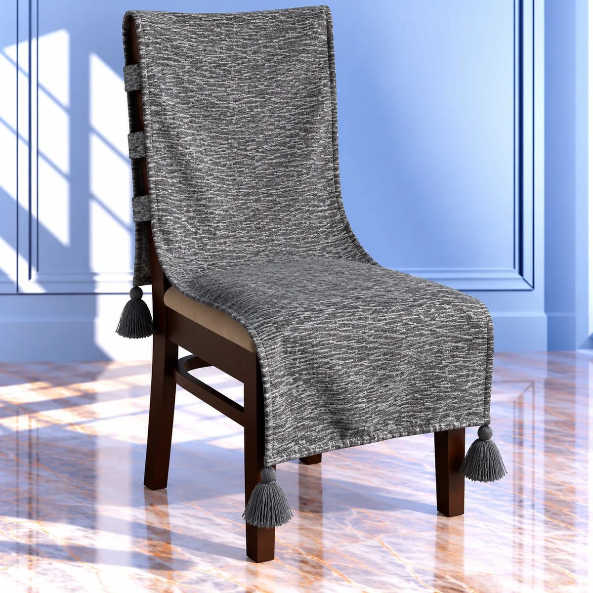 Charcoal Grey Flecked Weave Chair Cover with Tassels