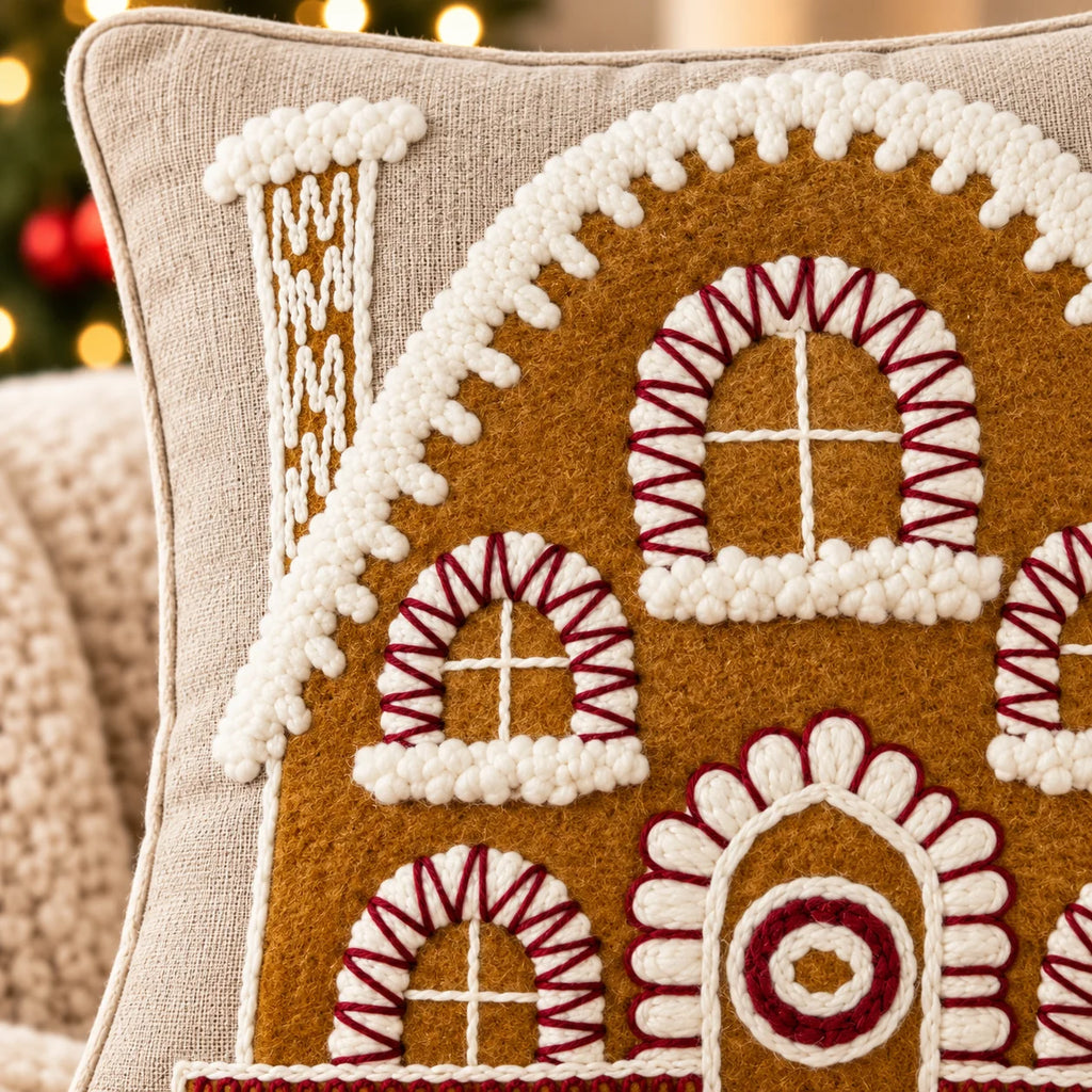 Gingerbread House Christmas Embroidered Cotton Cushion Cover â€“ 16 Ã— 16 Inches