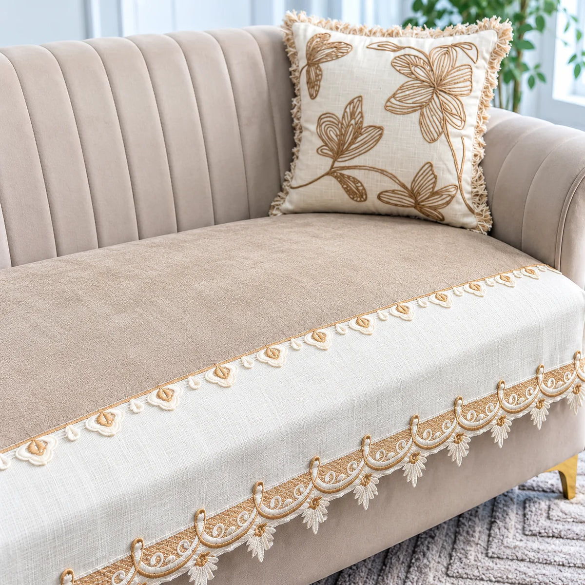 Beige Gold Lace Sofa Cover