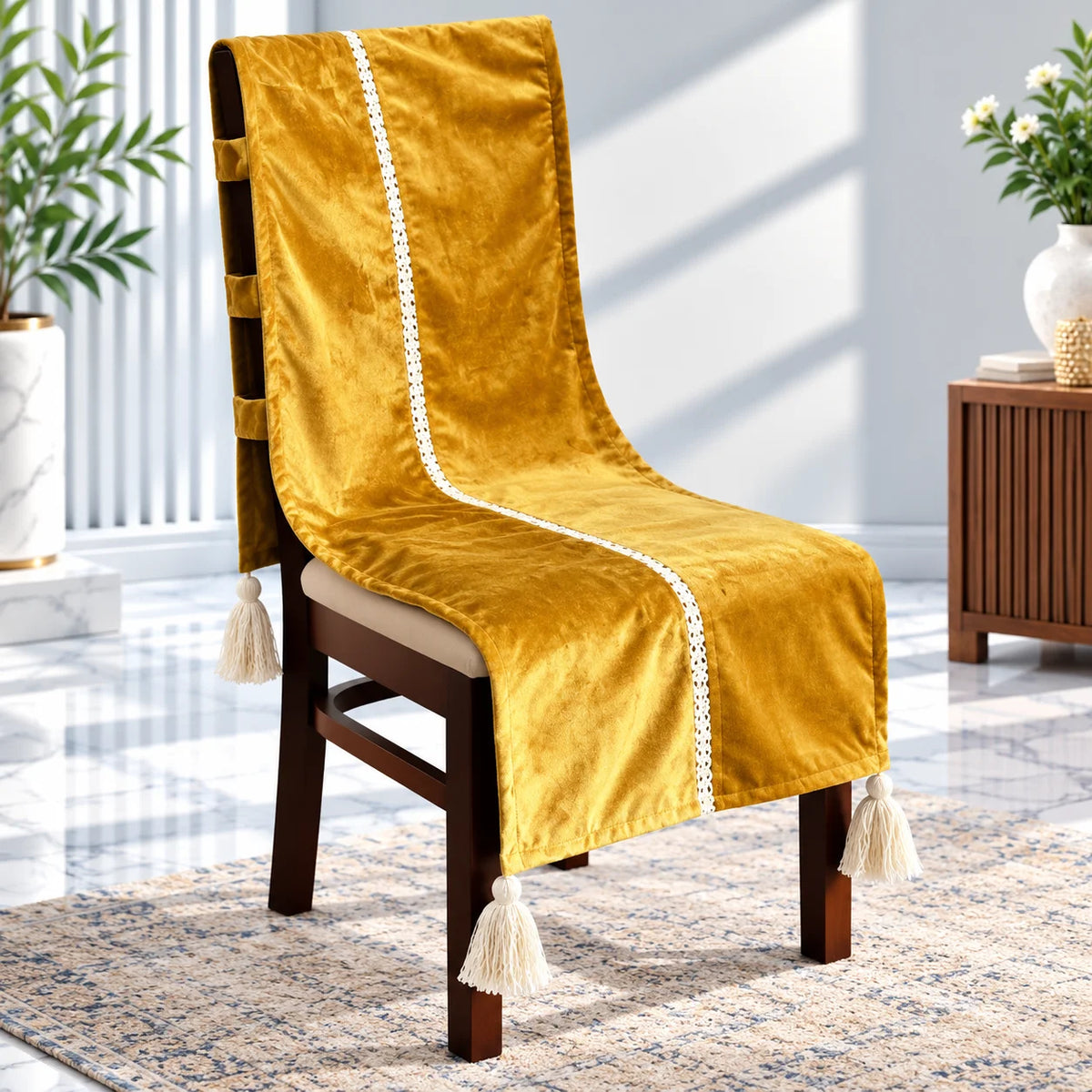 Antique Gold Crushed Velvet Look Chair Cover with Tassels