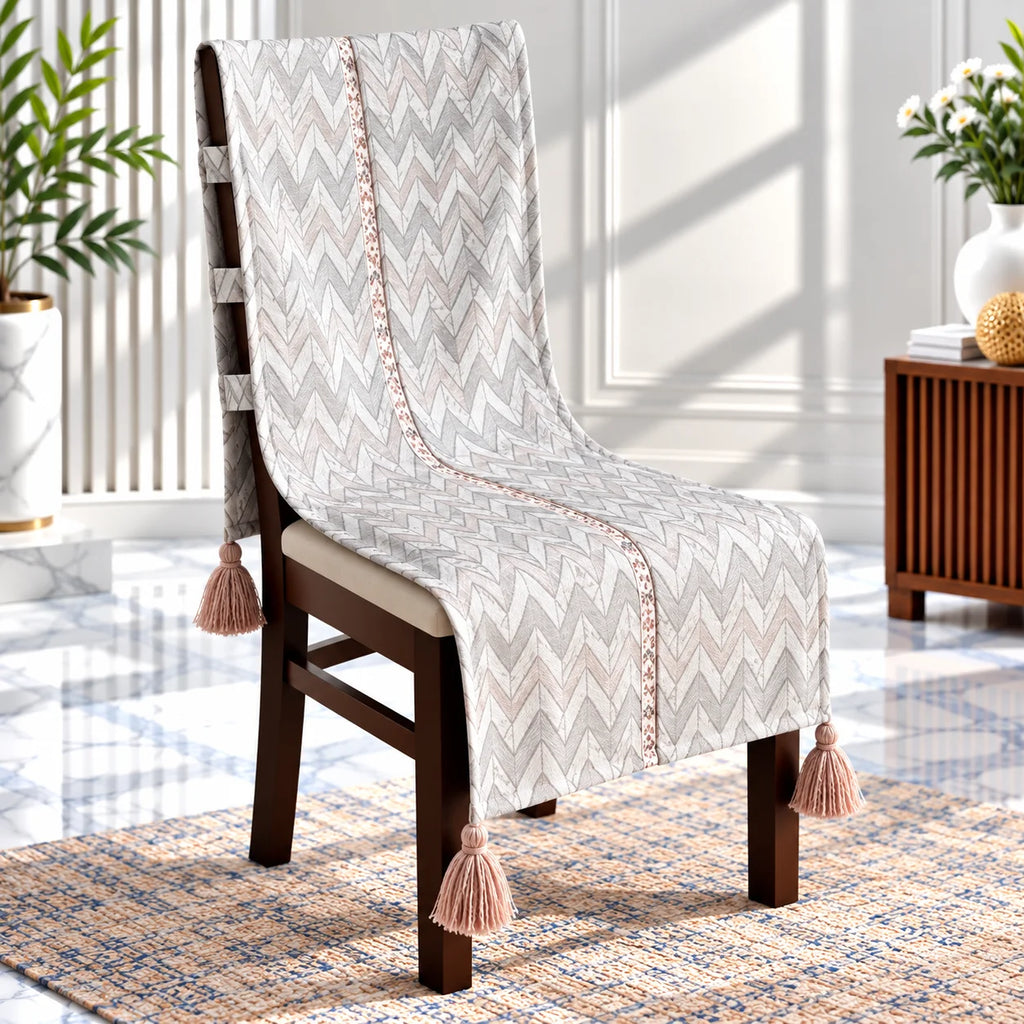 Pastel Grey & Rose Zigzag Print Chair Cover with Tassels