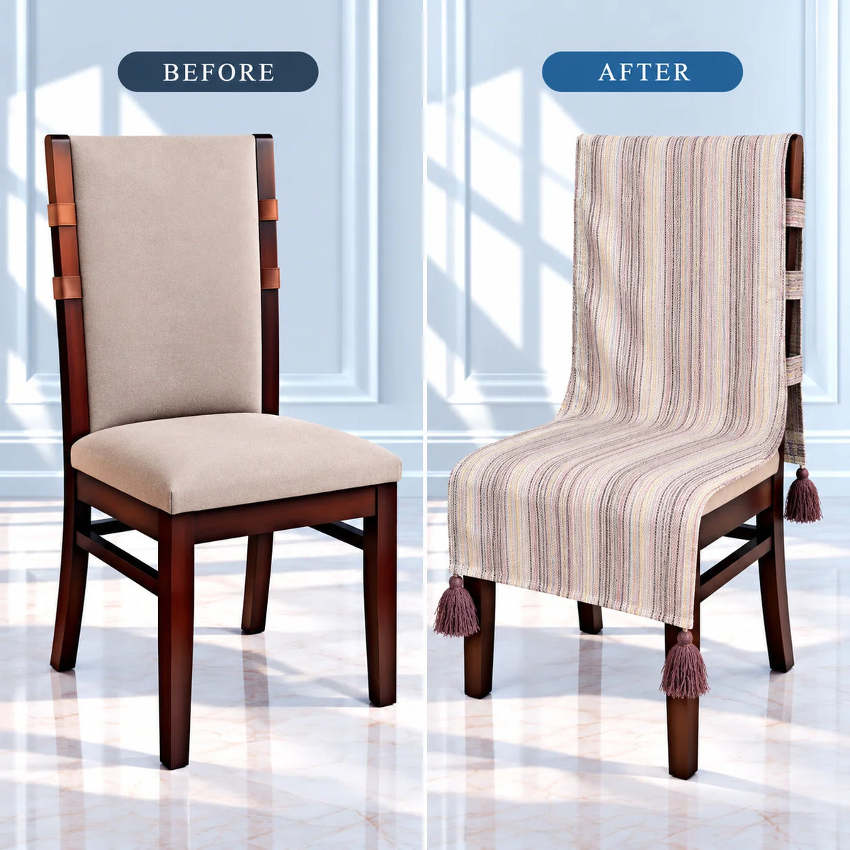 Cream Pinstripe Chair Cover with Maroon Tassels