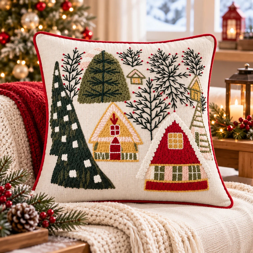 Winter Village Christmas Embroidered Cotton Cushion Cover â€“ 16 Ã— 16 Inches