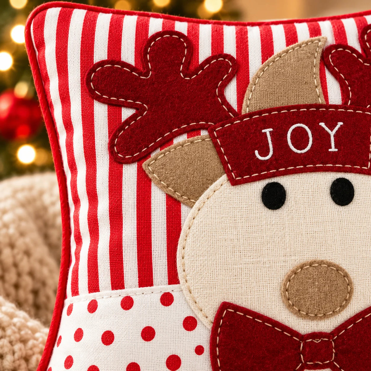 Joyful Reindeer Christmas Embroidered Cotton Cushion Cover â€“ 16 Ã— 16 Inches