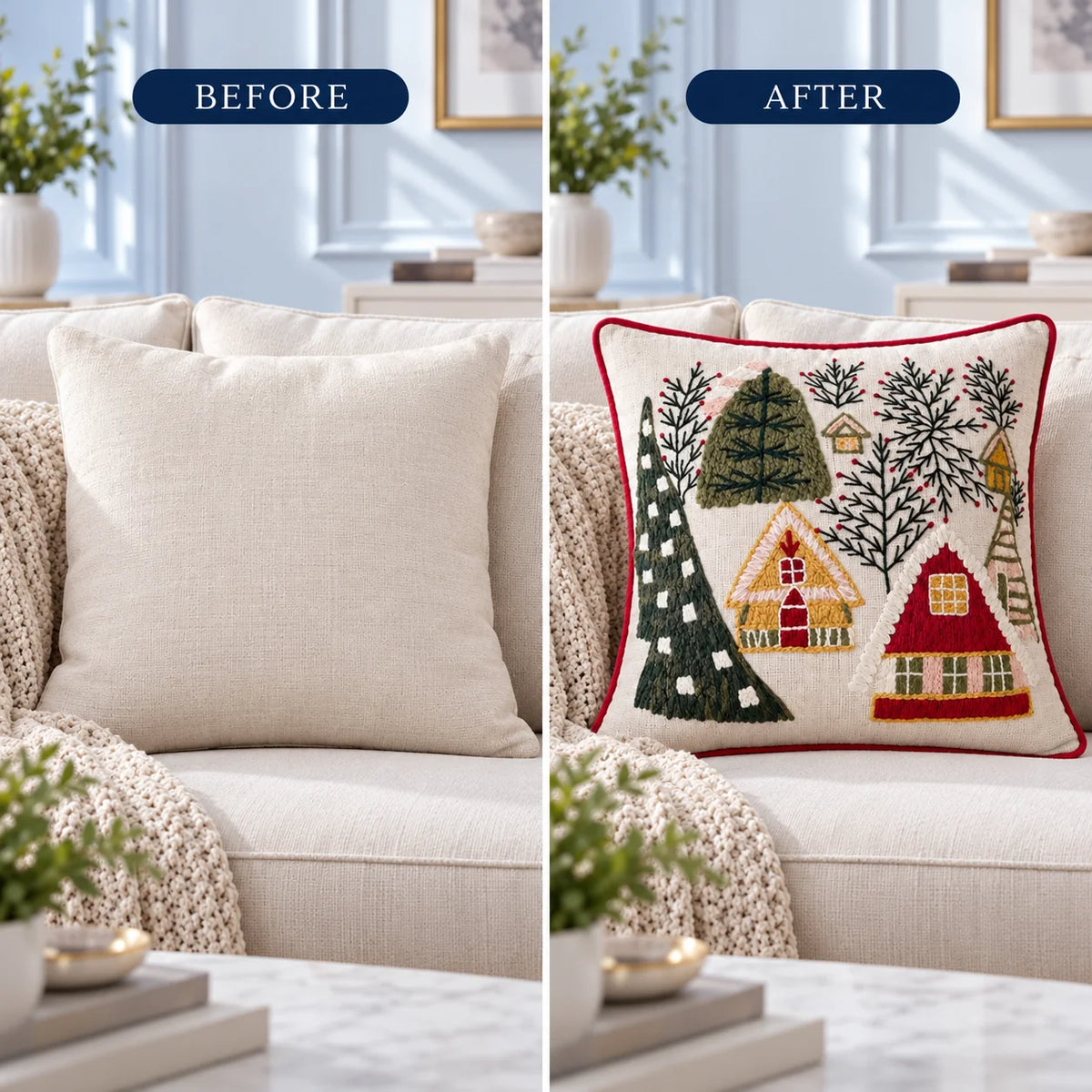 Winter Village Christmas Embroidered Cotton Cushion Cover â€“ 16 Ã— 16 Inches