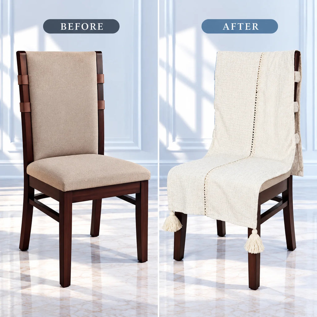 Handwoven Style Ecru Chair Cover with Cutwork Line and Tassels