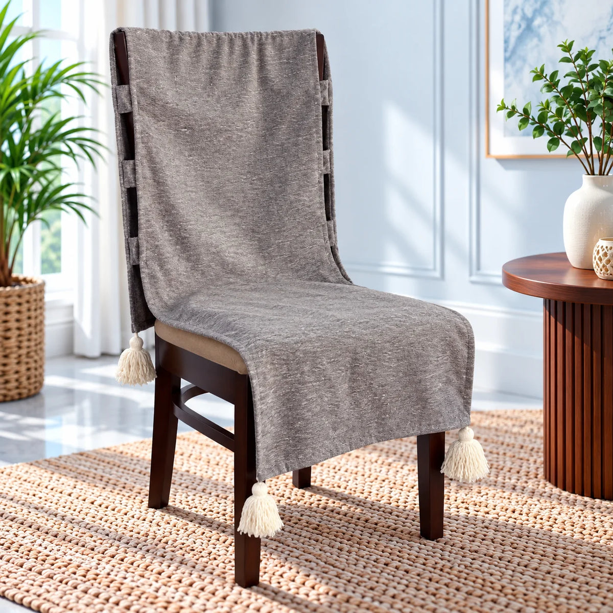 Silver Grey Plush Weave Chair Cover with Tassels