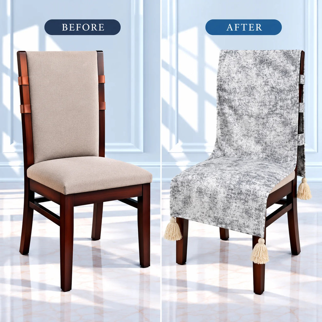 Silver Grey Textured Marbled Chair Cover with Tassels