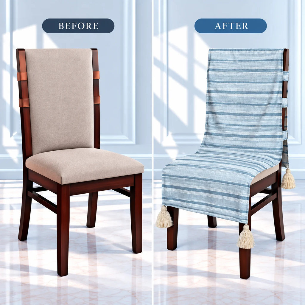 Blue Striped Chair Cover with Tassels