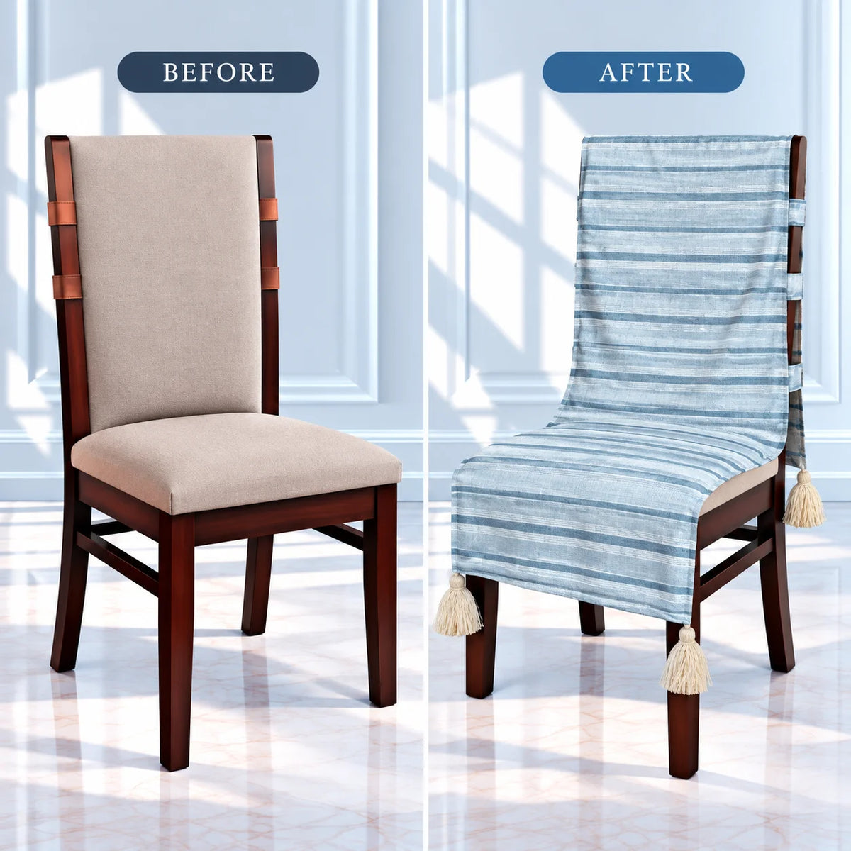 Blue Striped Chair Cover with Tassels