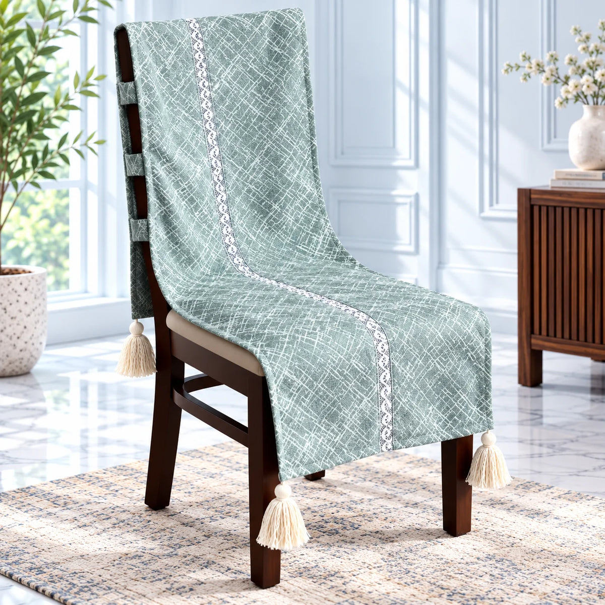 Eucalyptus Green Crosshatch Chair Cover with Tassels