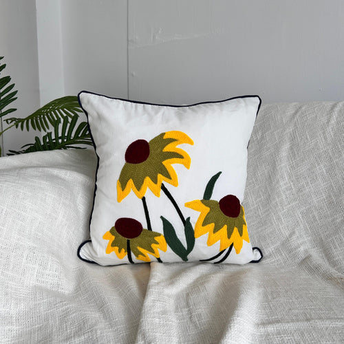 Sunlit Blossoms Cotton Embroidered Cushion Cover