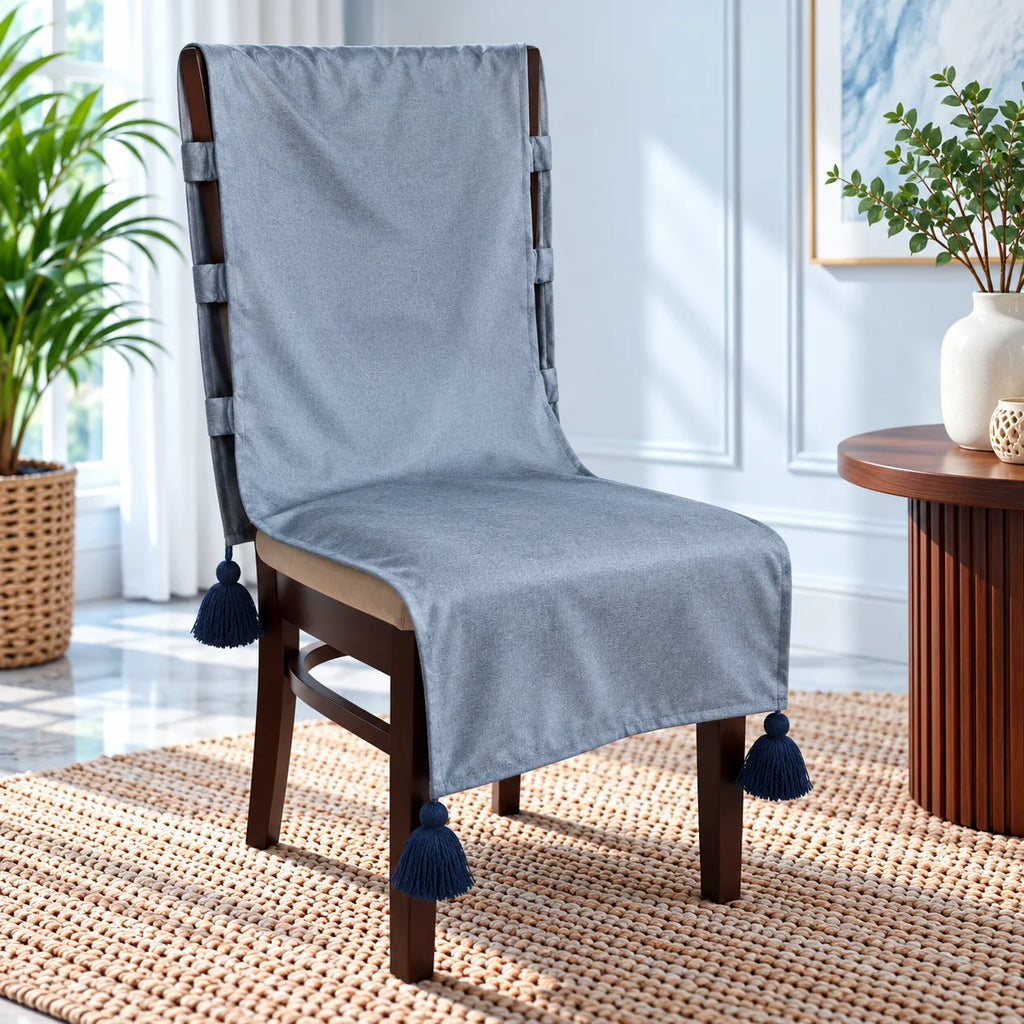 Grey Blue Plain Jacquard Chair Cover with Tassels