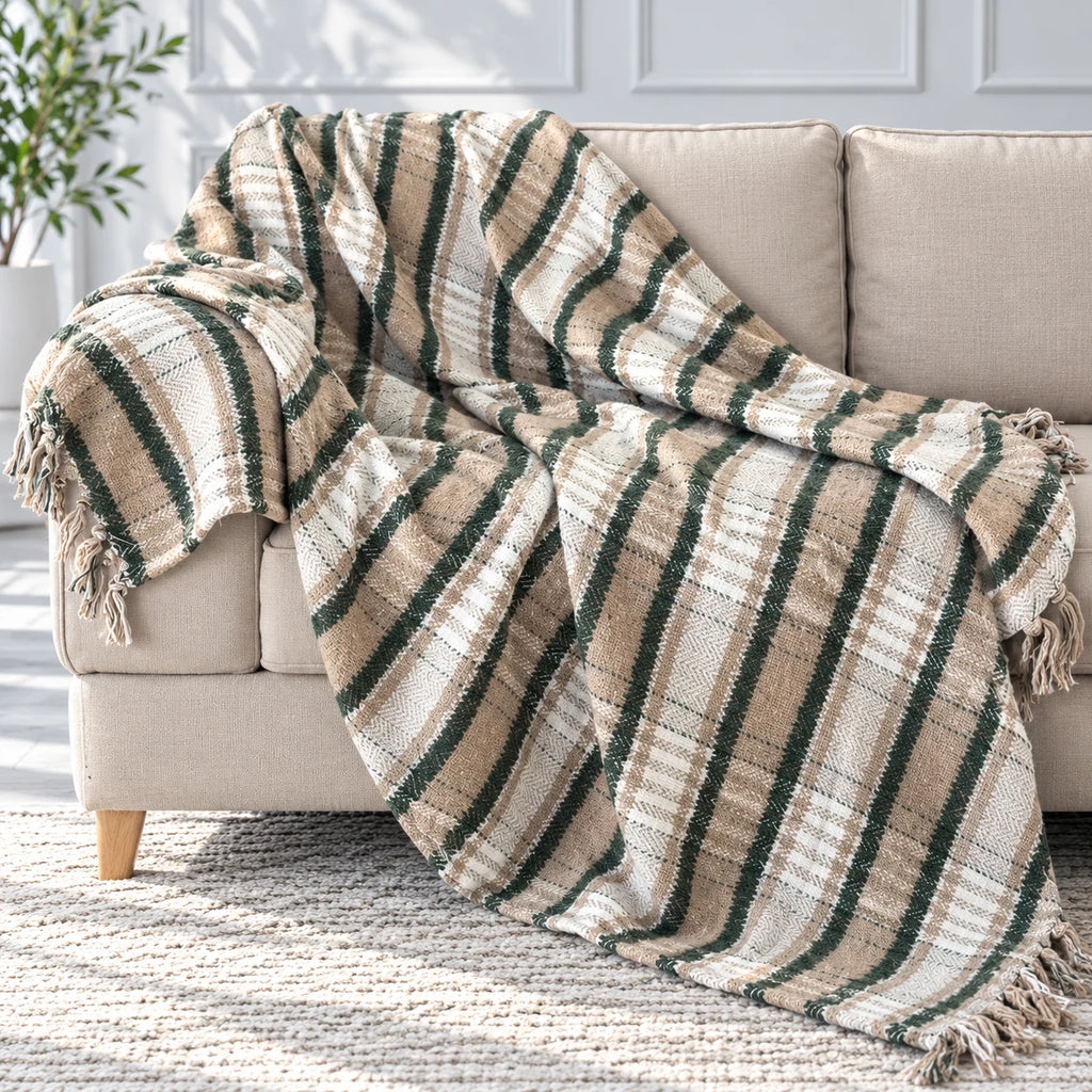 Forest Green & Beige Striped Herringbone Sofa Throw Blanket