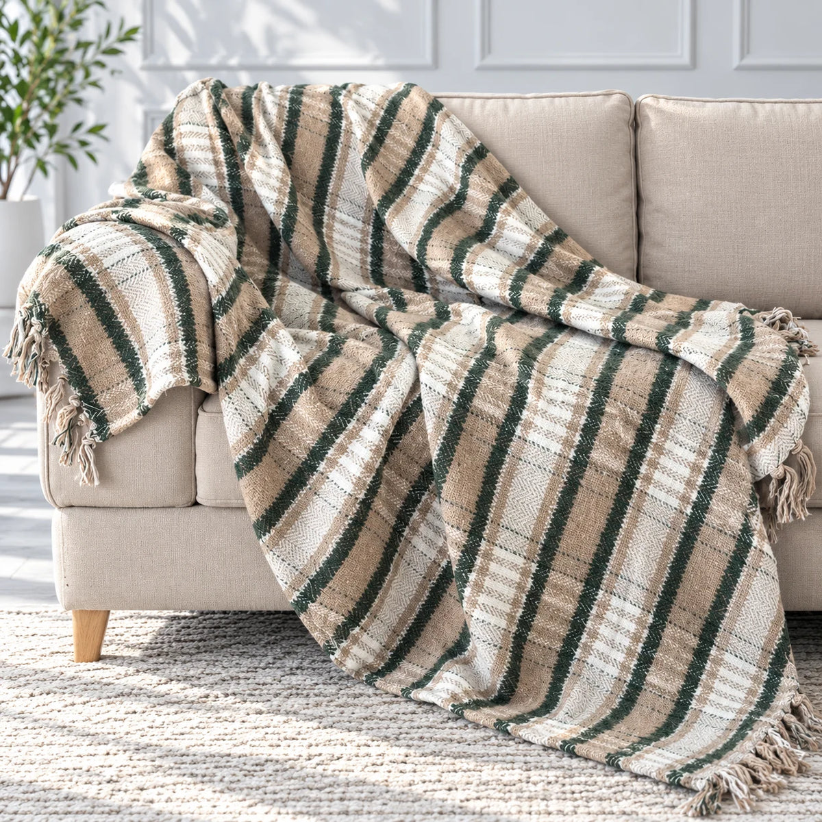 Forest Green & Beige Striped Herringbone Sofa Throw Blanket
