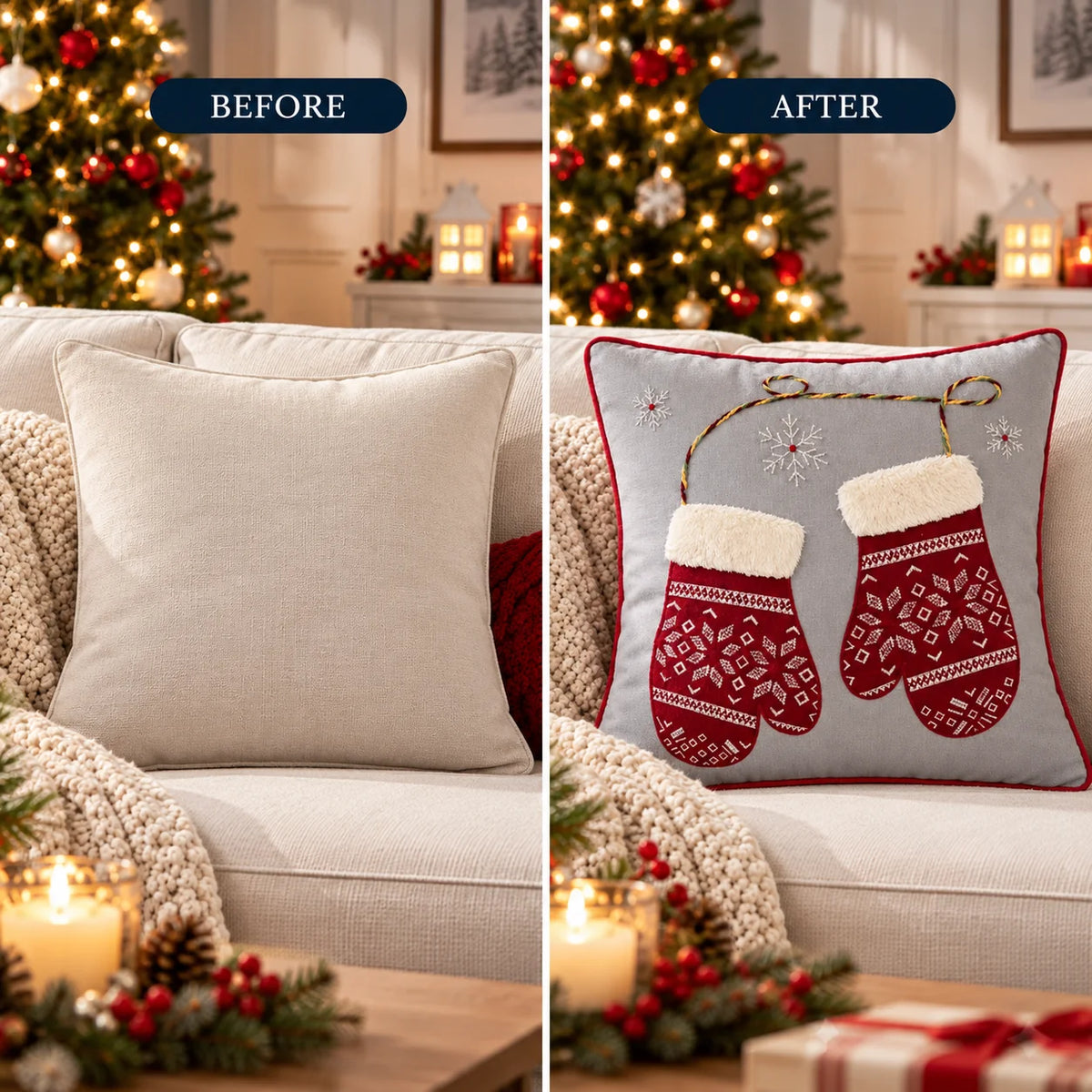 Christmas Stocking Embroidered Cotton Cushion Cover â€“ 16 Ã— 16 Inches