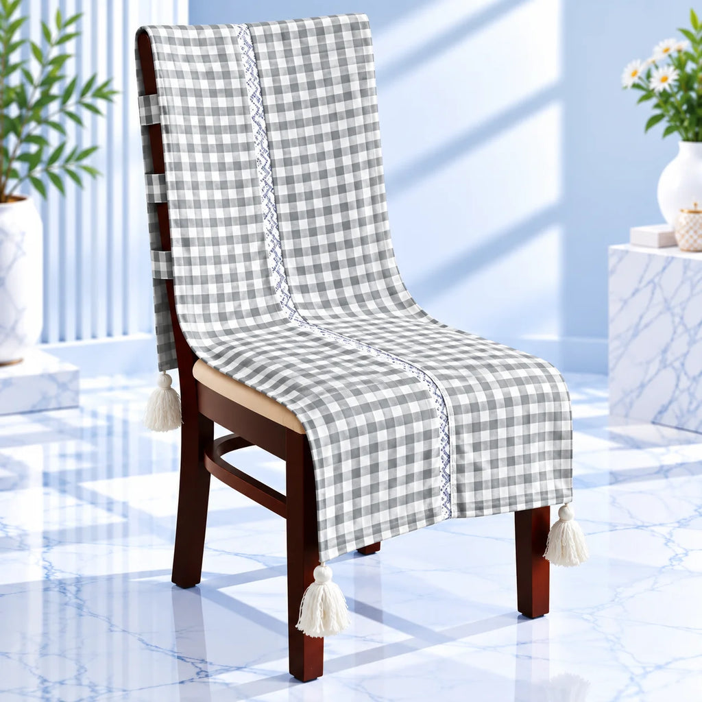 Checkered Grey White Chair Cover with Tassels