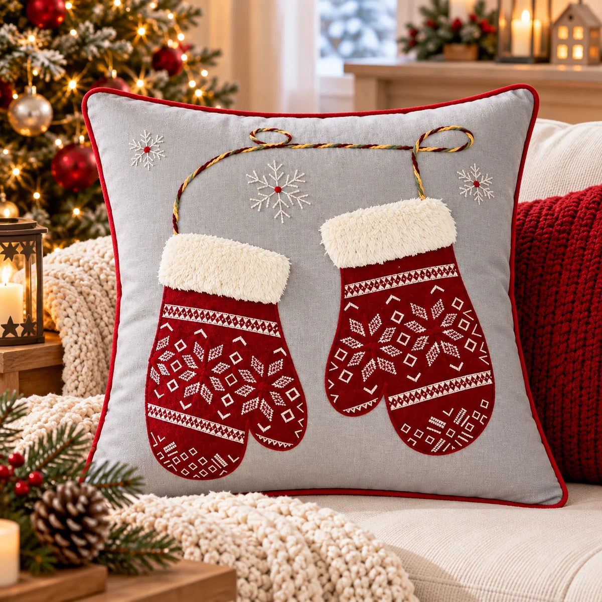 Christmas Stocking Embroidered Cotton Cushion Cover â€“ 16 Ã— 16 Inches