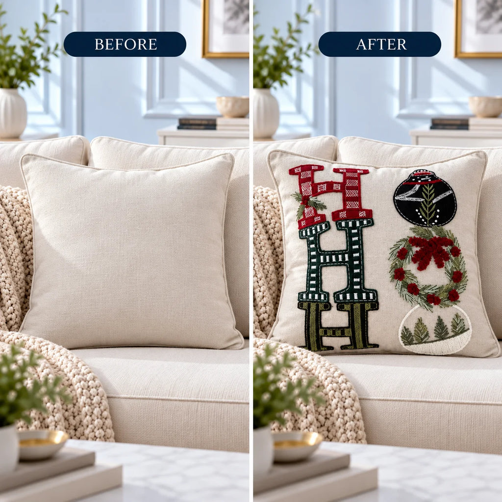 Ho Ho Ho Christmas Soldier Embroidered Cotton Cushion Cover â€“ 16 Ã— 16 Inches
