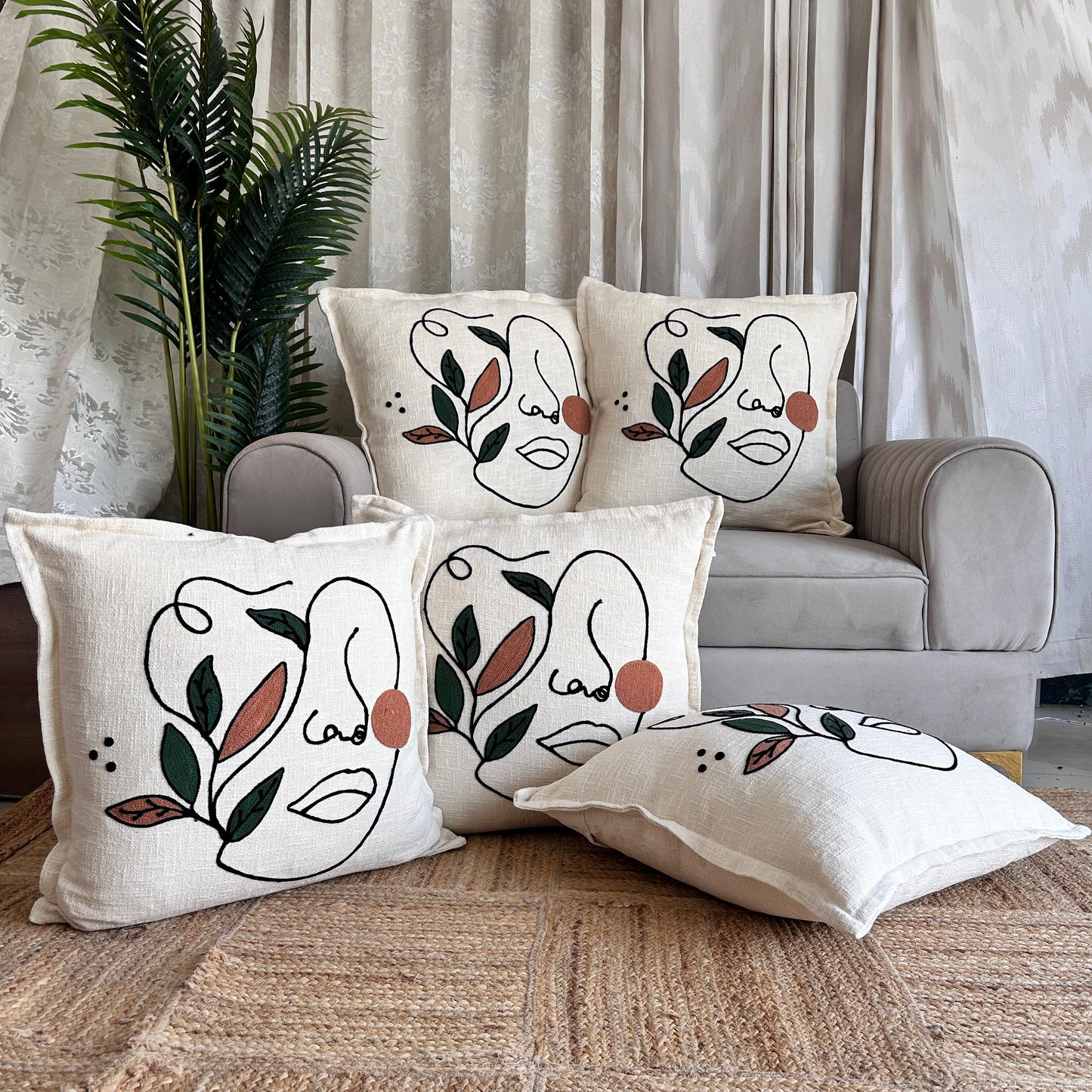 Slub-cotton Embroidered Cushion Cover, 60cm X 60cm (24" X 24")