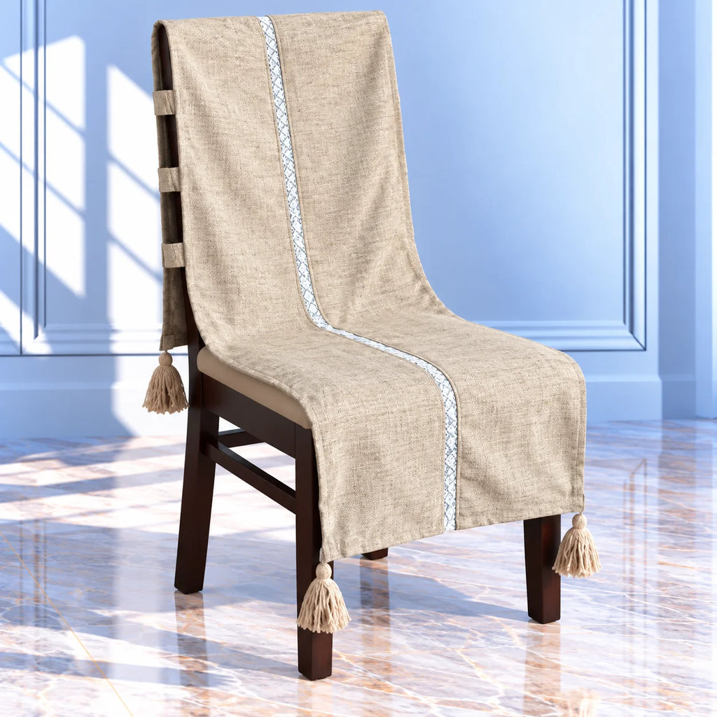 Sand Beige Linen Look Chair Cover with Tassels