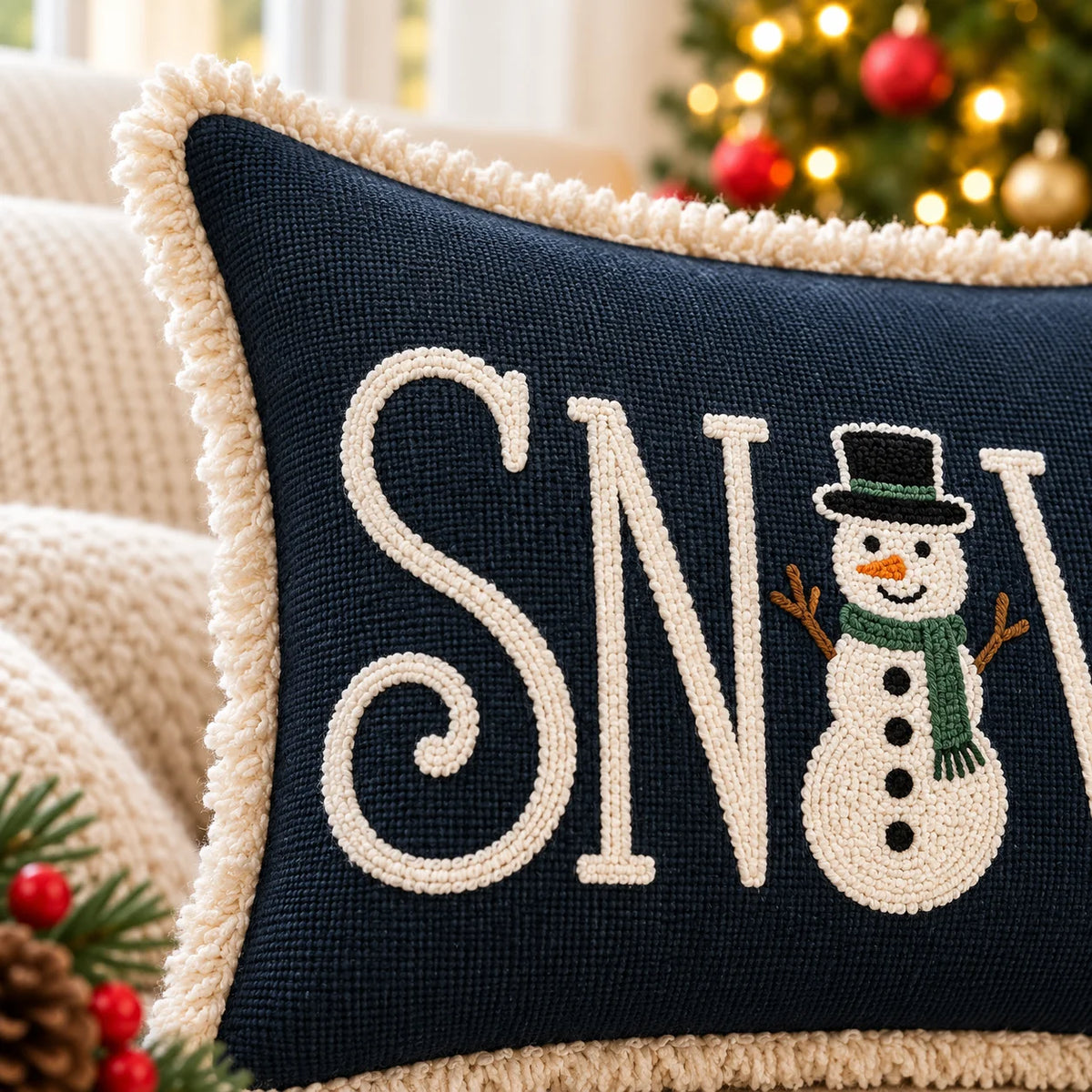 Christmas Themed Slub-Cotton Tufted Cushion Cover, Size:30cm X 50cm (12" X 20")