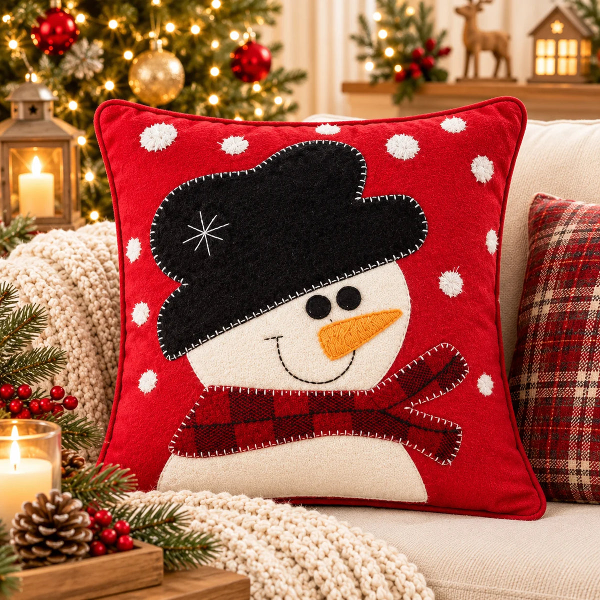 Snowy Snowman Christmas Embroidered Cotton Cushion Cover â€“ 16 Ã— 16 Inches
