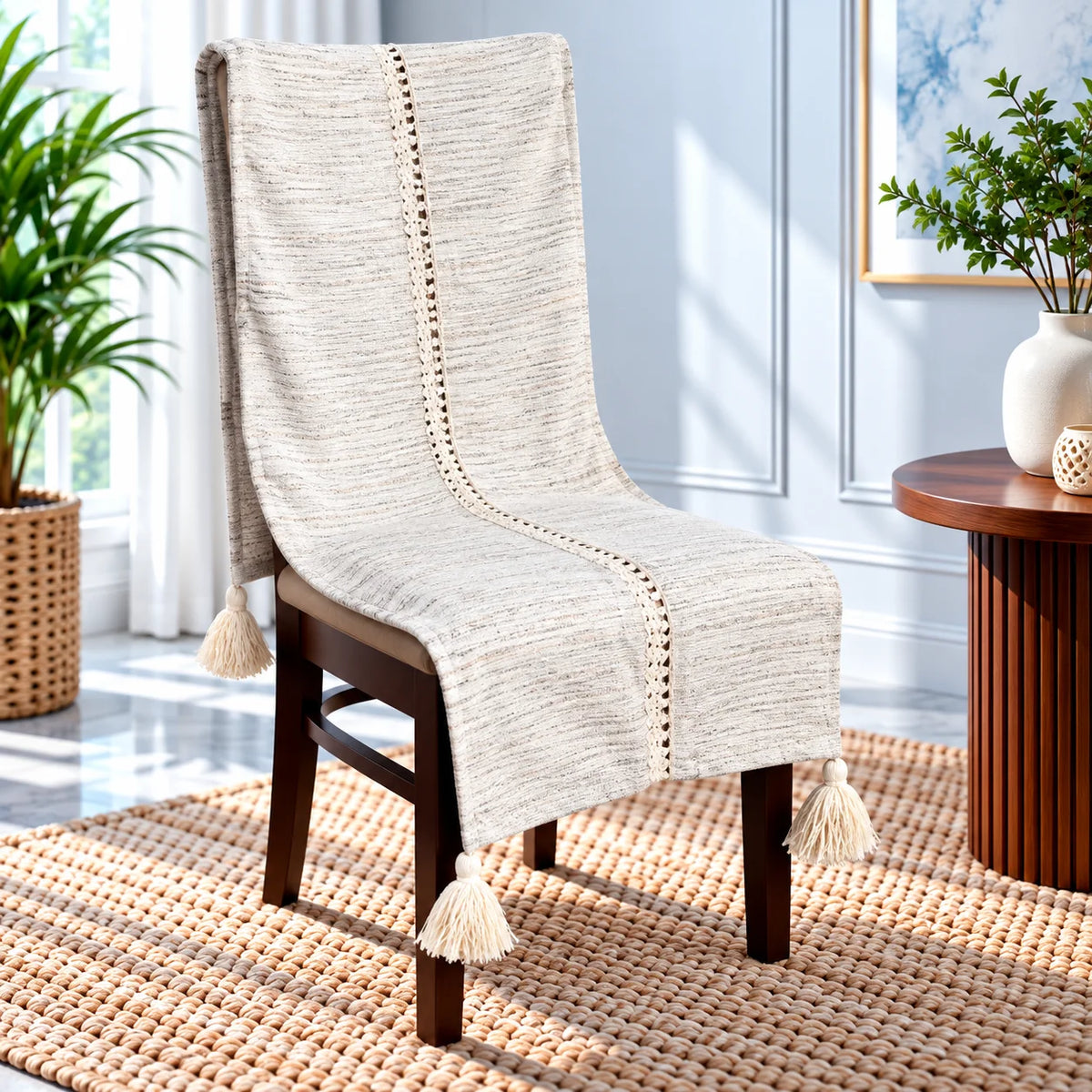 Ivory Silver Grey Jacquard Chair Cover with Centre Lace Trim and Tassels