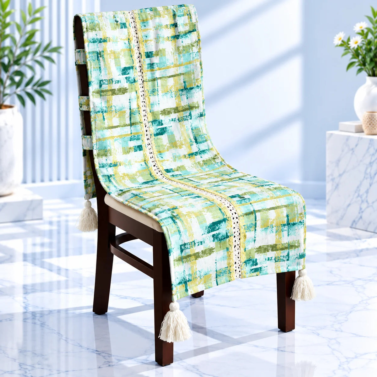 Watercolour Plaid Printed Chair Cover with Tassels