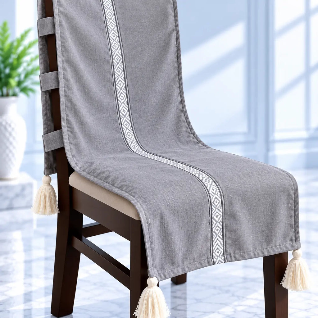 Slate Grey Linen Look Chair Cover with Tassels