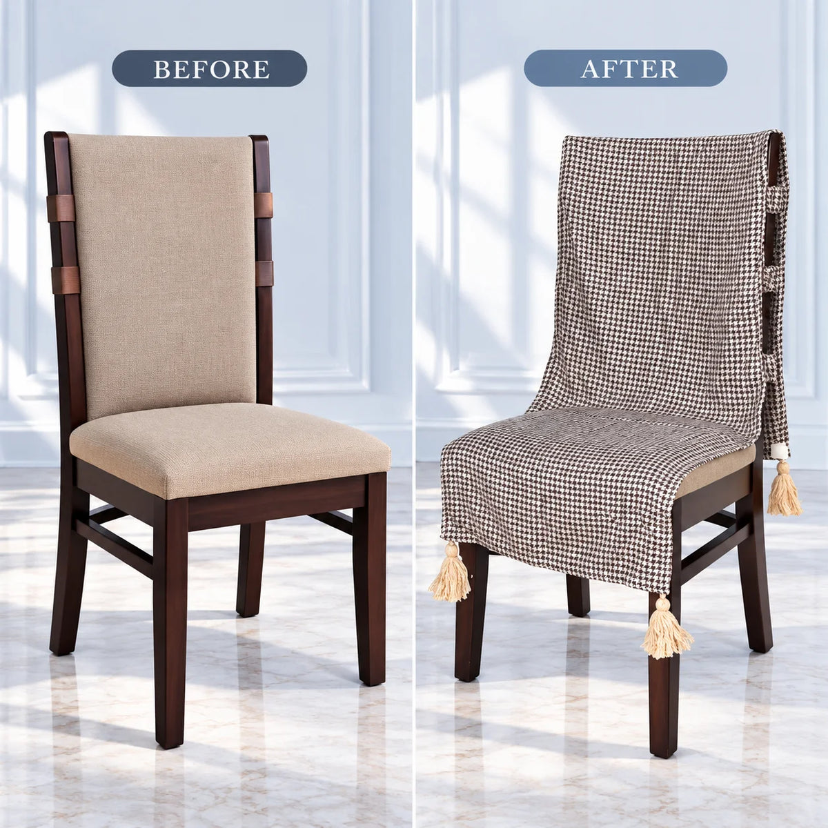 Brown Houndstooth Jacquard Chair Cover with Tassels