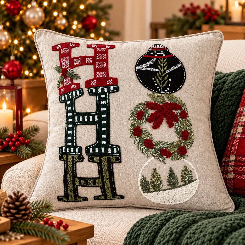 Ho Ho Ho Christmas Soldier Embroidered Cotton Cushion Cover â€“ 16 Ã— 16 Inches