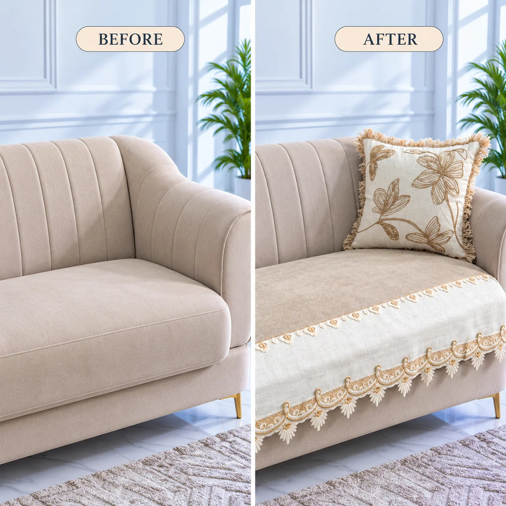 Beige Gold Lace Sofa Cover