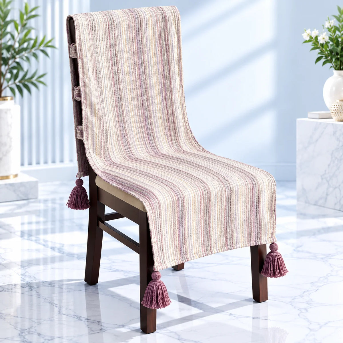 Cream Pinstripe Chair Cover with Maroon Tassels