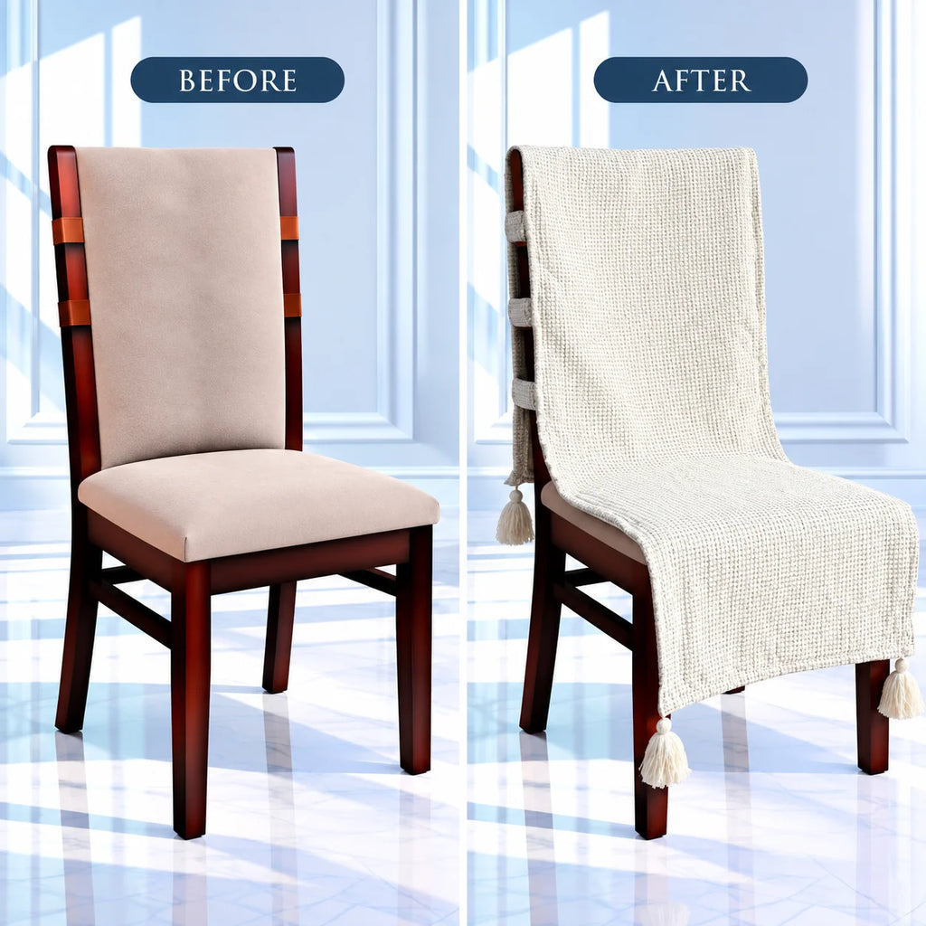 Natural Almond Cream Waffle Textured Chair Cover with Tassels