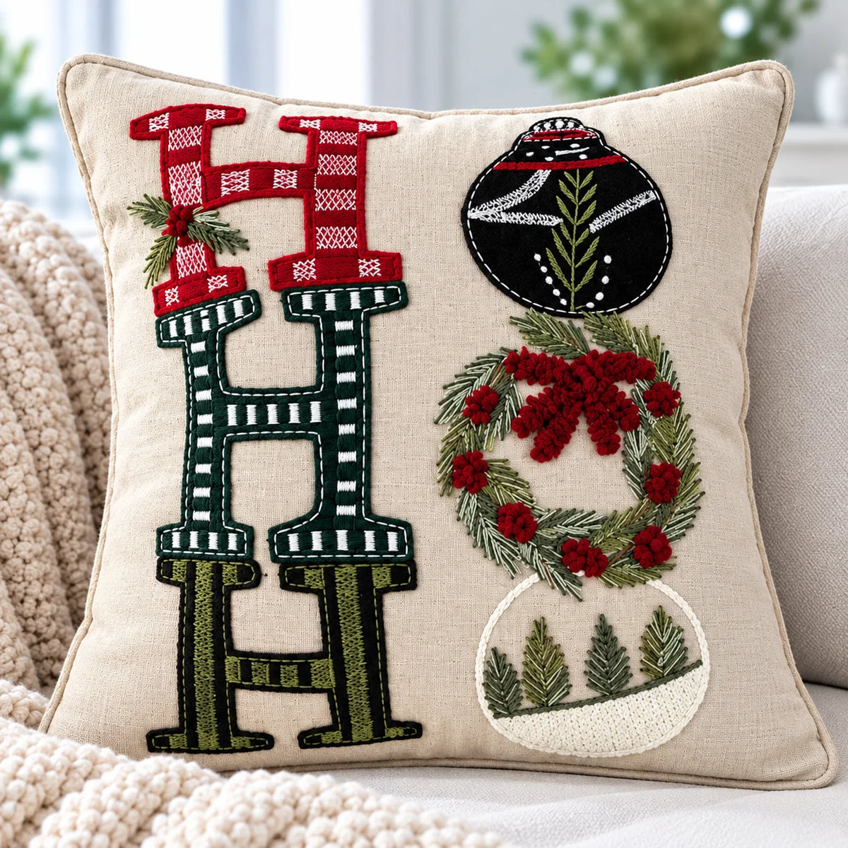 Ho Ho Ho Christmas Soldier Embroidered Cotton Cushion Cover â€“ 16 Ã— 16 Inches