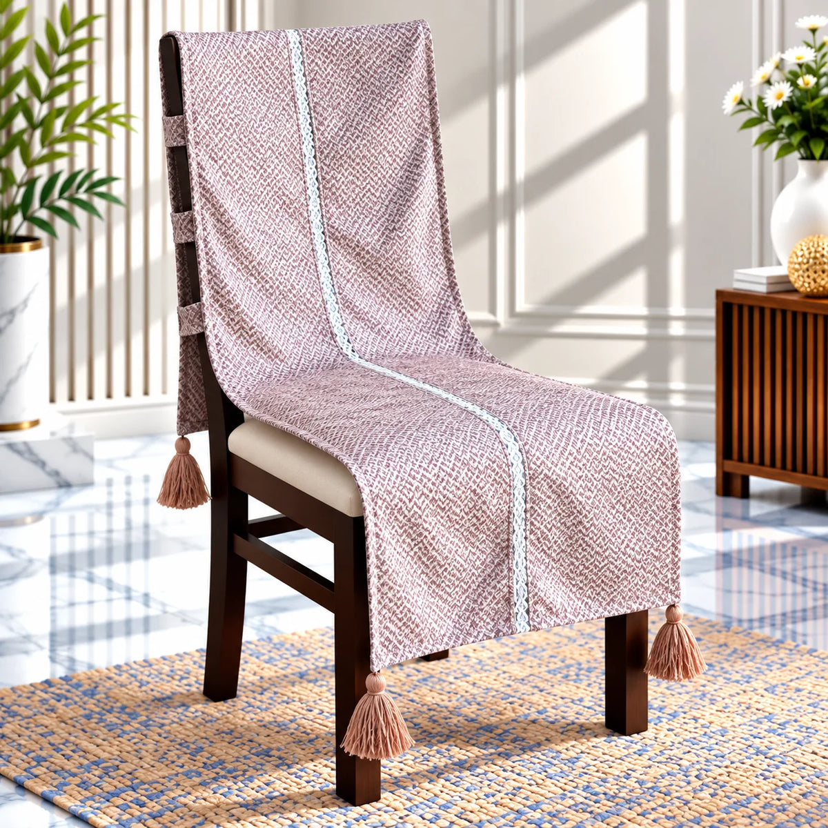 Dusty Rose Herringbone Jacquard Chair Cover with Tassels