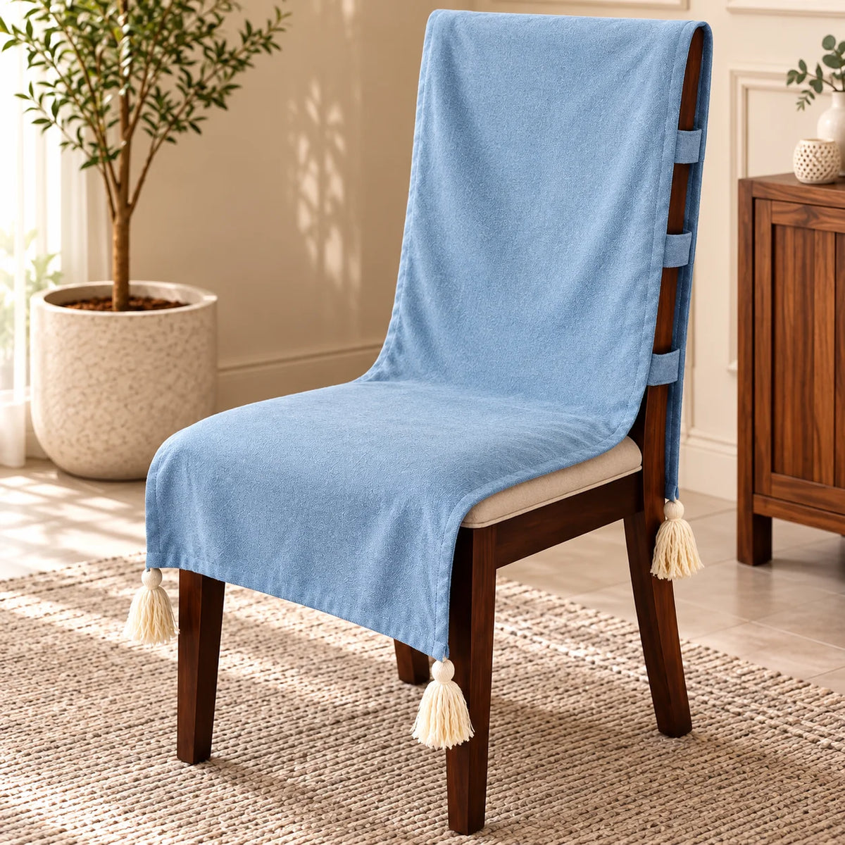 Powder Blue Textured Chair Cover with Tassels