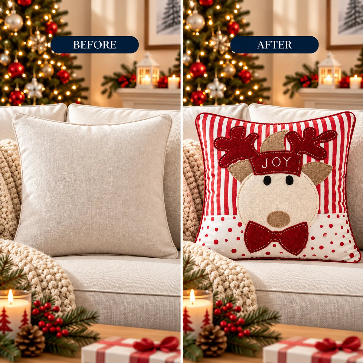 Joyful Reindeer Christmas Embroidered Cotton Cushion Cover â€“ 16 Ã— 16 Inches