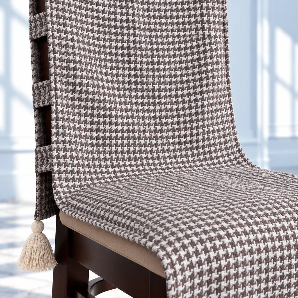 Brown Houndstooth Jacquard Chair Cover with Tassels