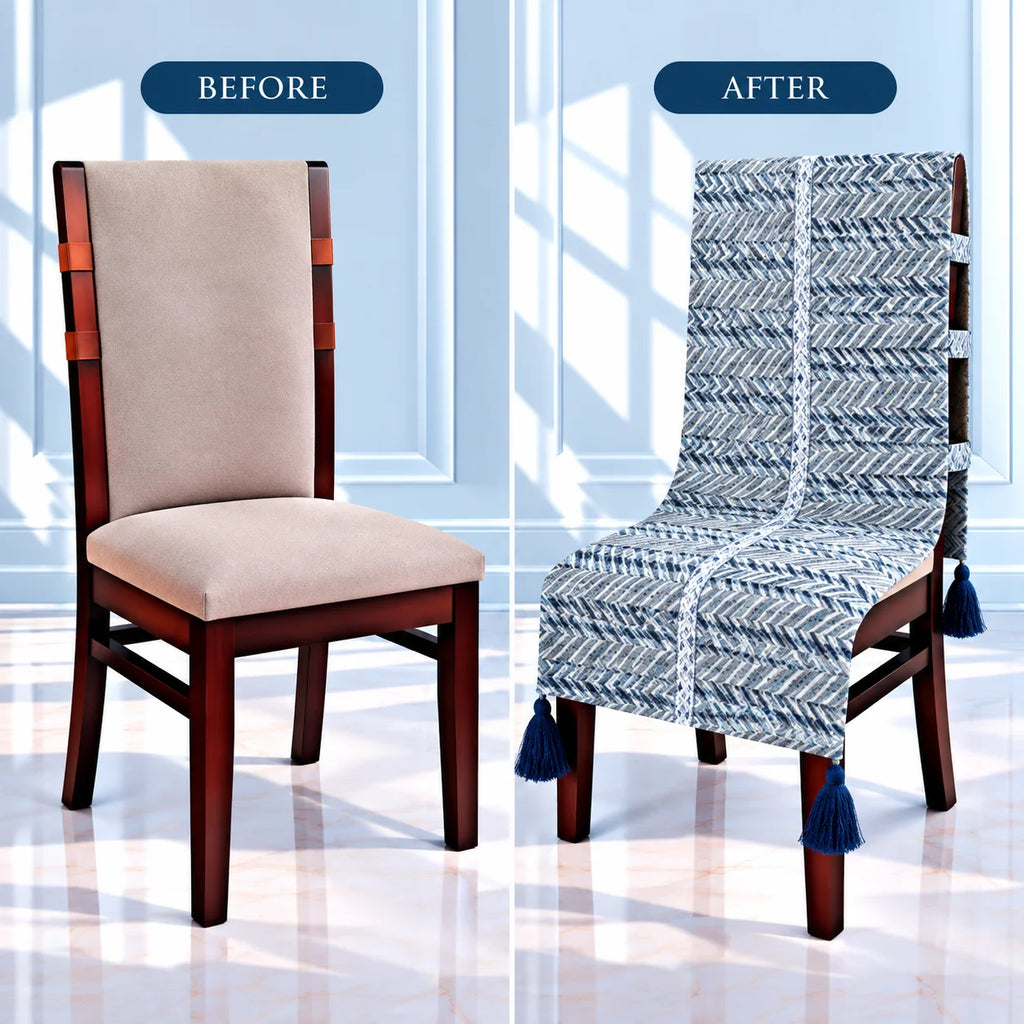 Indigo Chevron Print Chair Cover with Tassels