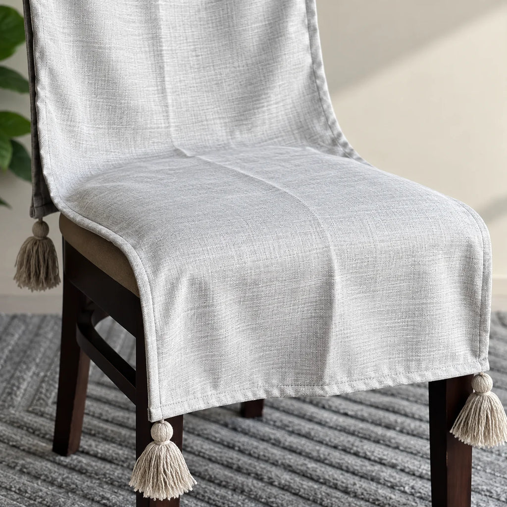 Snow Mist Slub Weave Chair Cover with Tassels