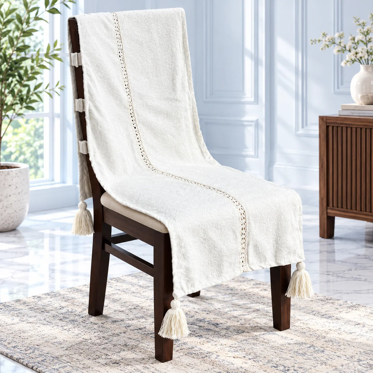 Cozy Winter White Chair Cover with Tassels
