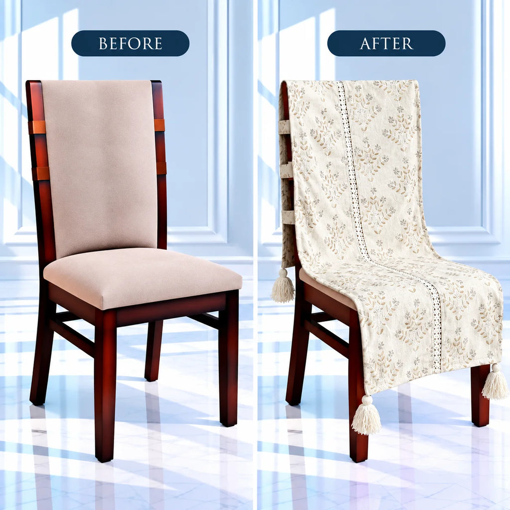 Linen Beige Scattered Leaf Pattern Chair Cover with Tassels