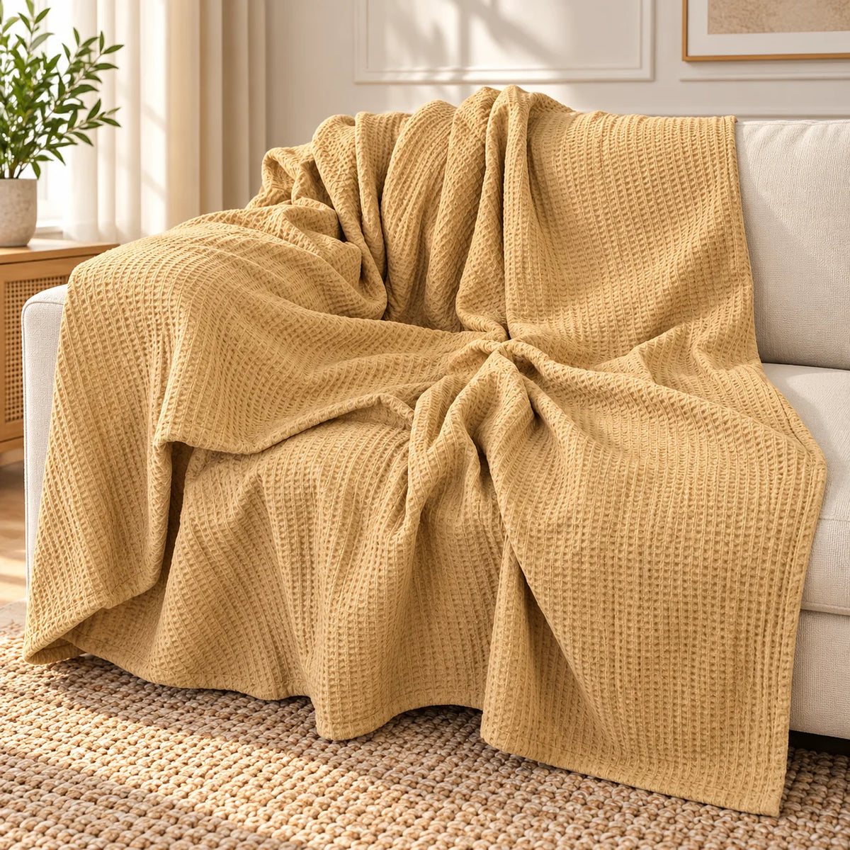 Golden Ochre Honeycomb Weave Cotton Throw Blanket