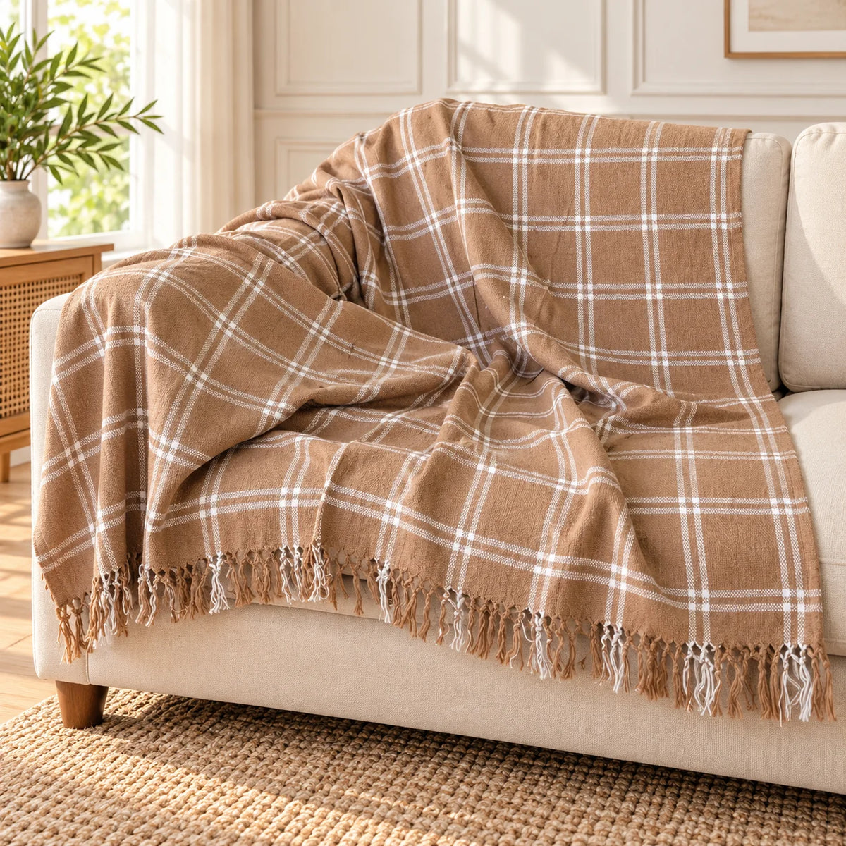Caramel & White Plaid Cotton Throw Blanket